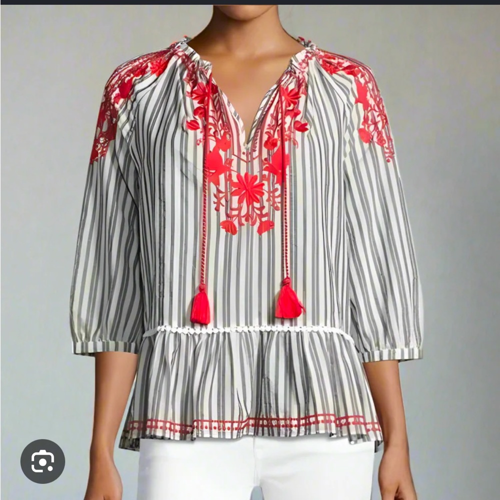 Kate Spade New York Broome Street striped embroidered peasant top- Size‎ Large
